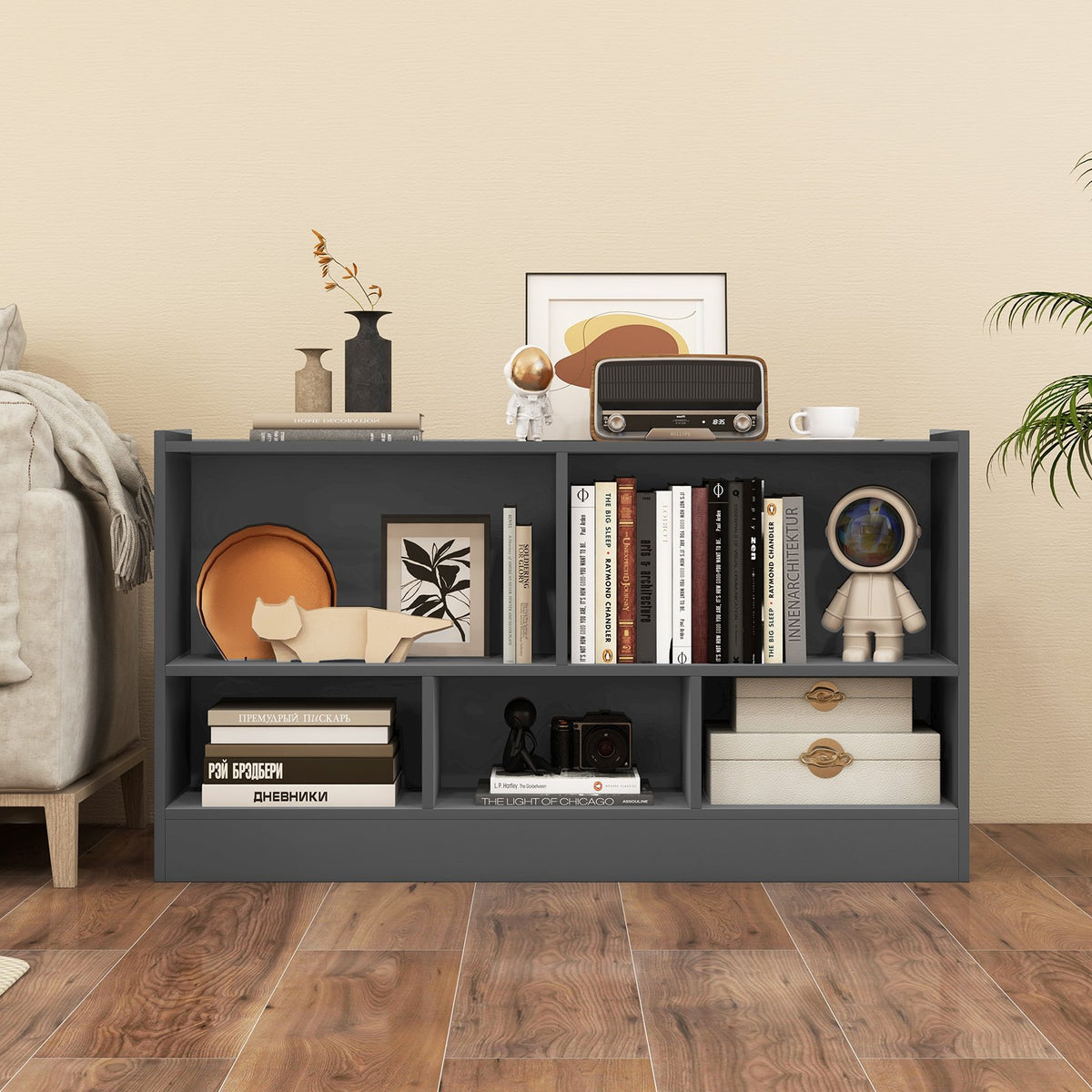 Kids 2-Shelf Bookcase 5-Cube Wood Toy Storage Cabinet Organizer-Gray view 2