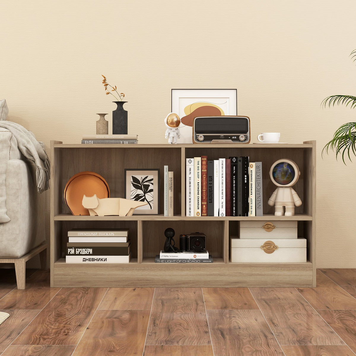 Kids 2-Shelf Bookcase 5-Cube Wood Toy Storage Cabinet Organizer-Natural view 2