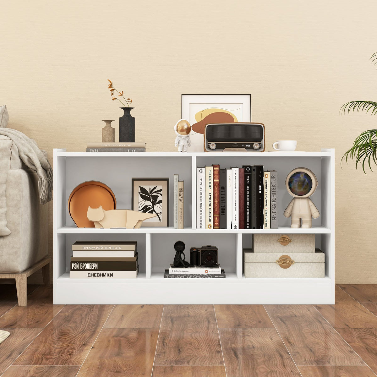 Kids 2-Shelf Bookcase 5-Cube Wood Toy Storage Cabinet Organizer-White view 2