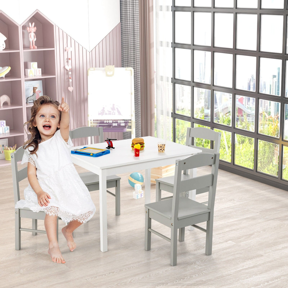 Kids 5 Piece Table and Chair Set Wooden Children Activity Playroom Furniture Gift-White view 2