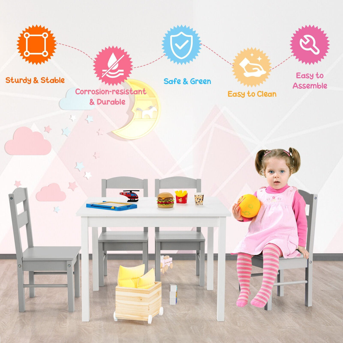 Kids 5 Piece Table and Chair Set Wooden Children Activity Playroom Furniture Gift-White view 3