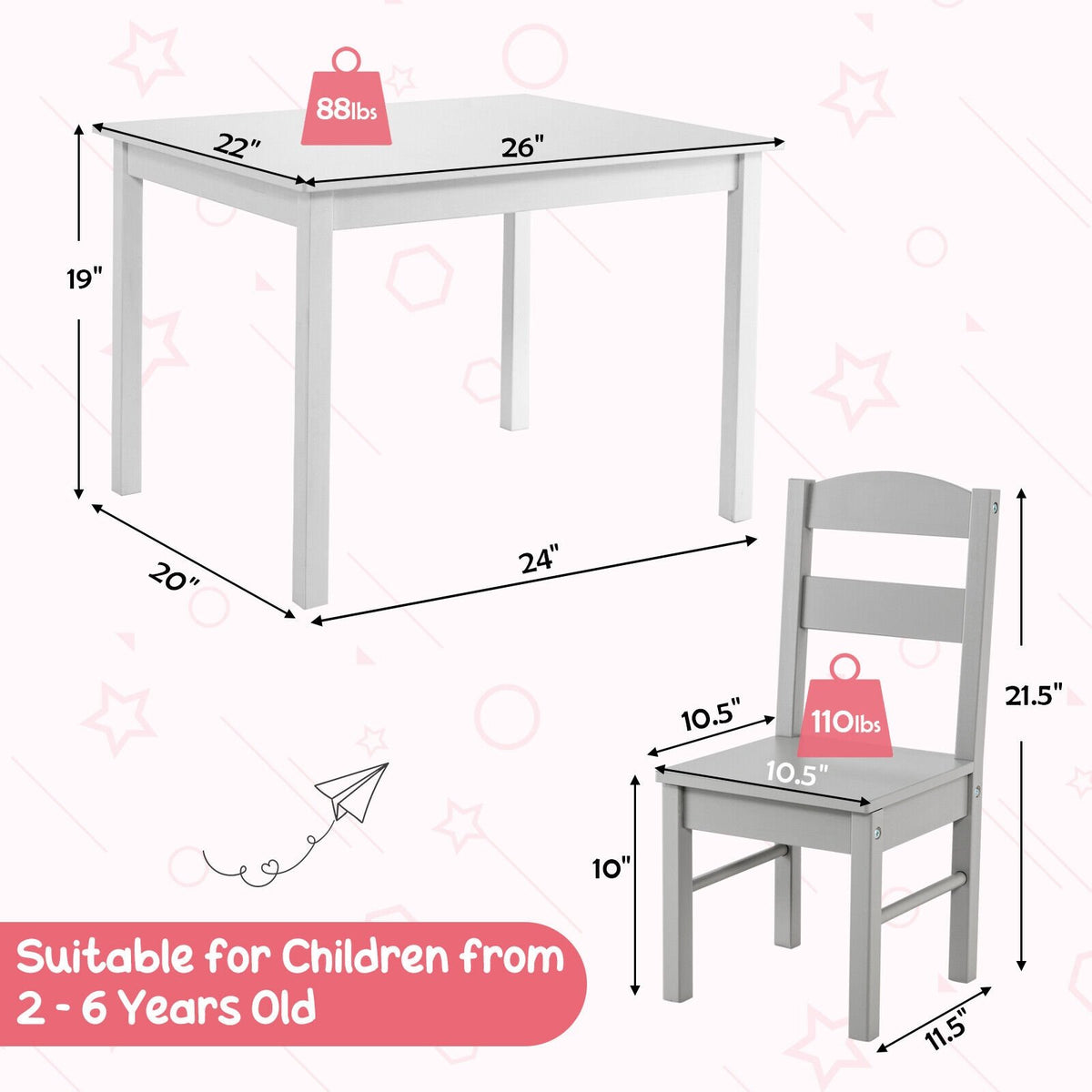 Kids 5 Piece Table and Chair Set Wooden Children Activity Playroom Furniture Gift-White view 4