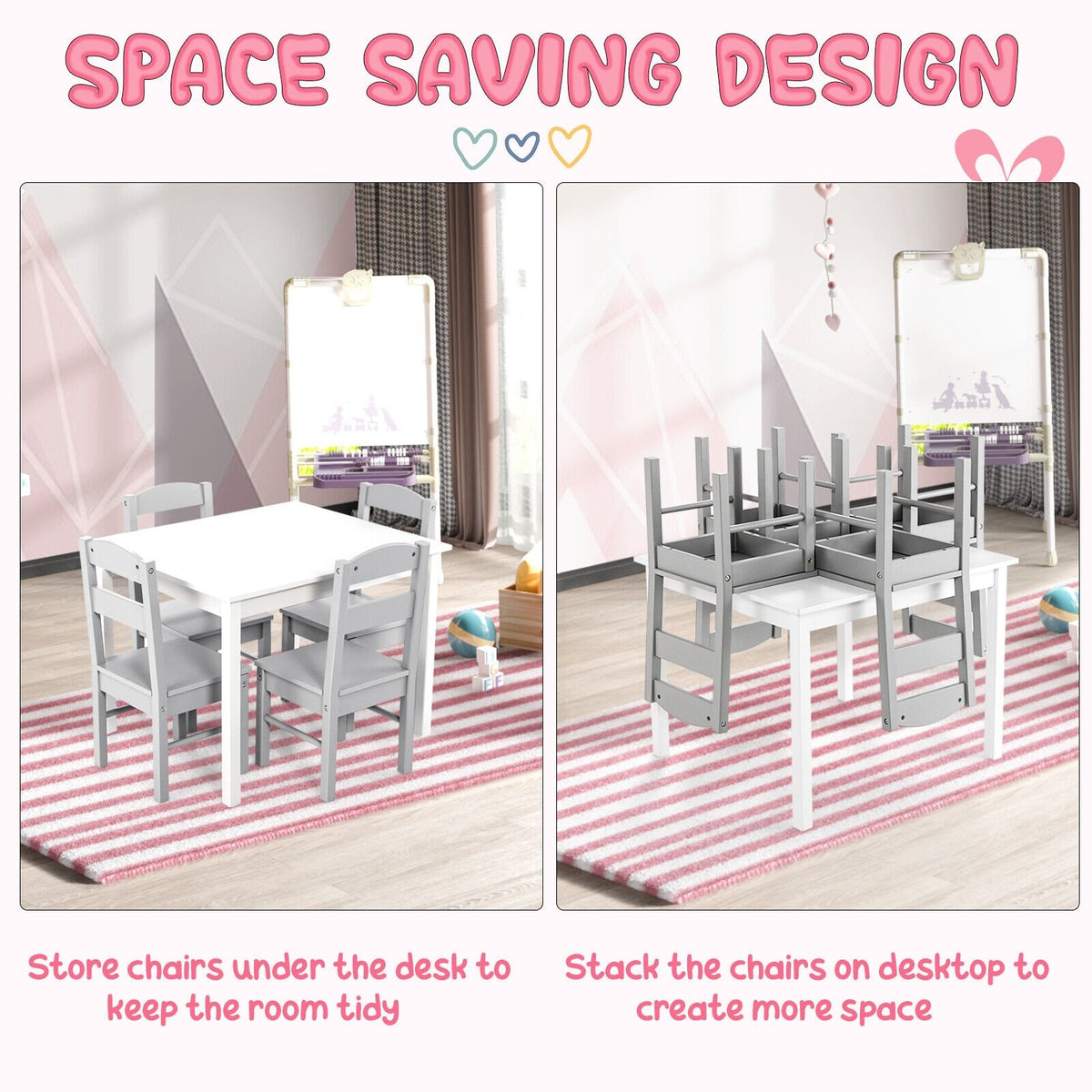 Kids 5 Piece Table and Chair Set Wooden Children Activity Playroom Furniture Gift-White view 5