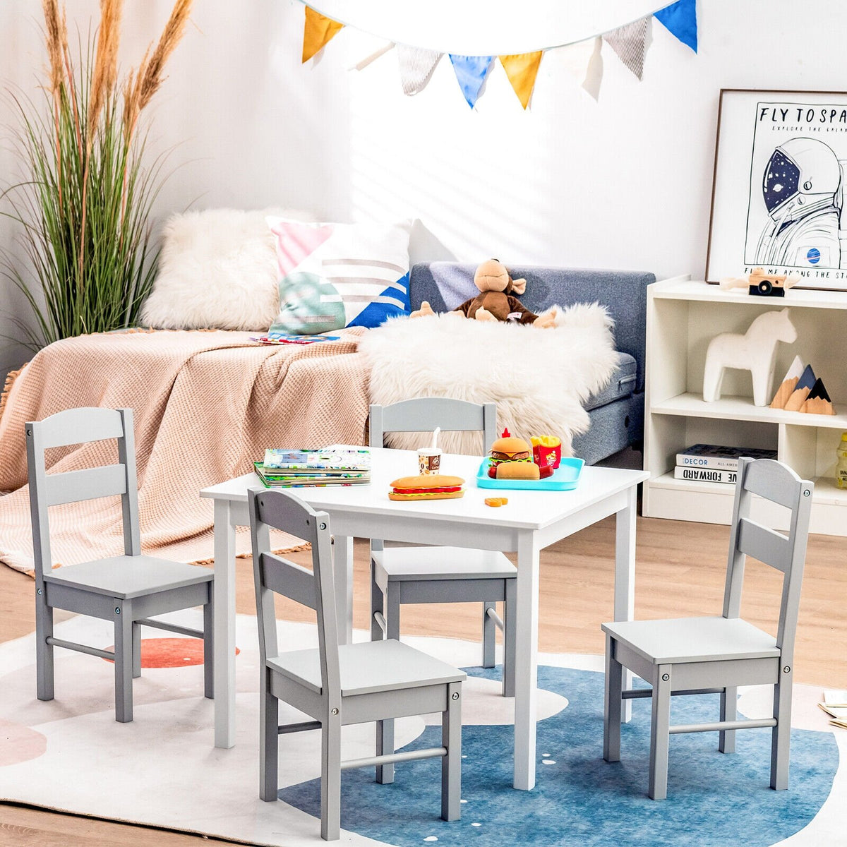 Kids 5 Piece Table and Chair Set Wooden Children Activity Playroom Furniture Gift-White view 6