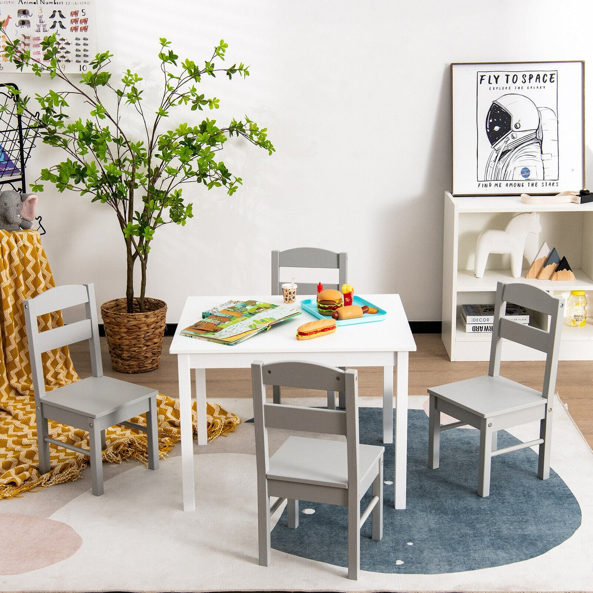 Kids 5 Piece Table and Chair Set Wooden Children Activity Playroom Furniture Gift-White view 7