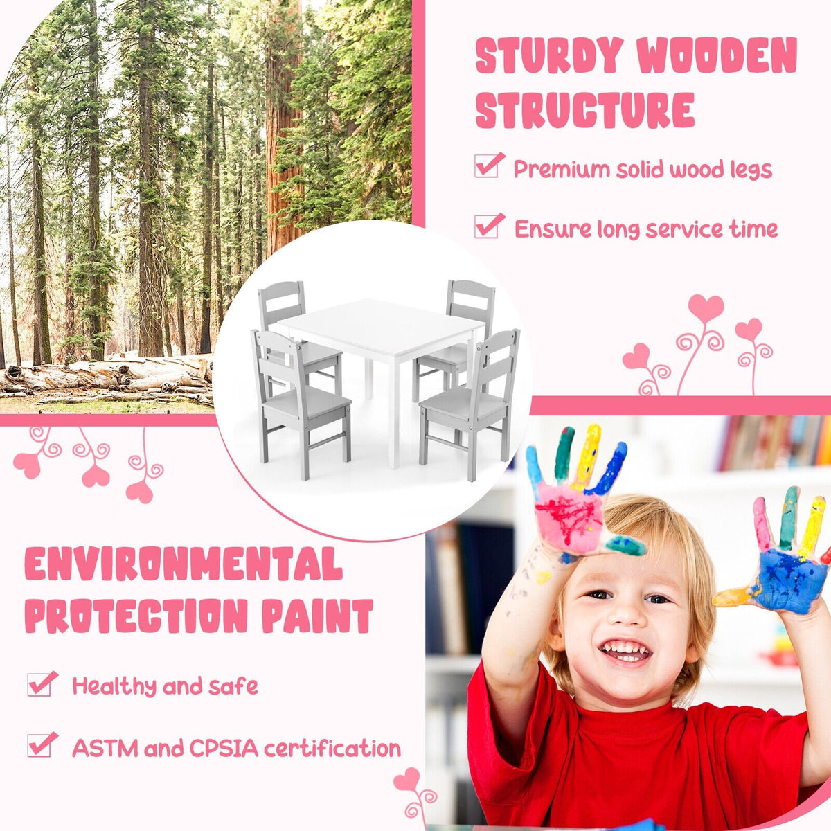 Kids 5 Piece Table and Chair Set Wooden Children Activity Playroom Furniture Gift-White view 9