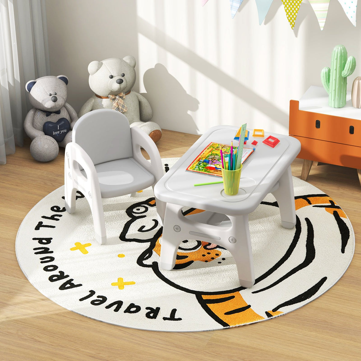 Kids Activity Table and Chair Set with Montessori Toys for Preschool and Kindergarten-Gray view 2