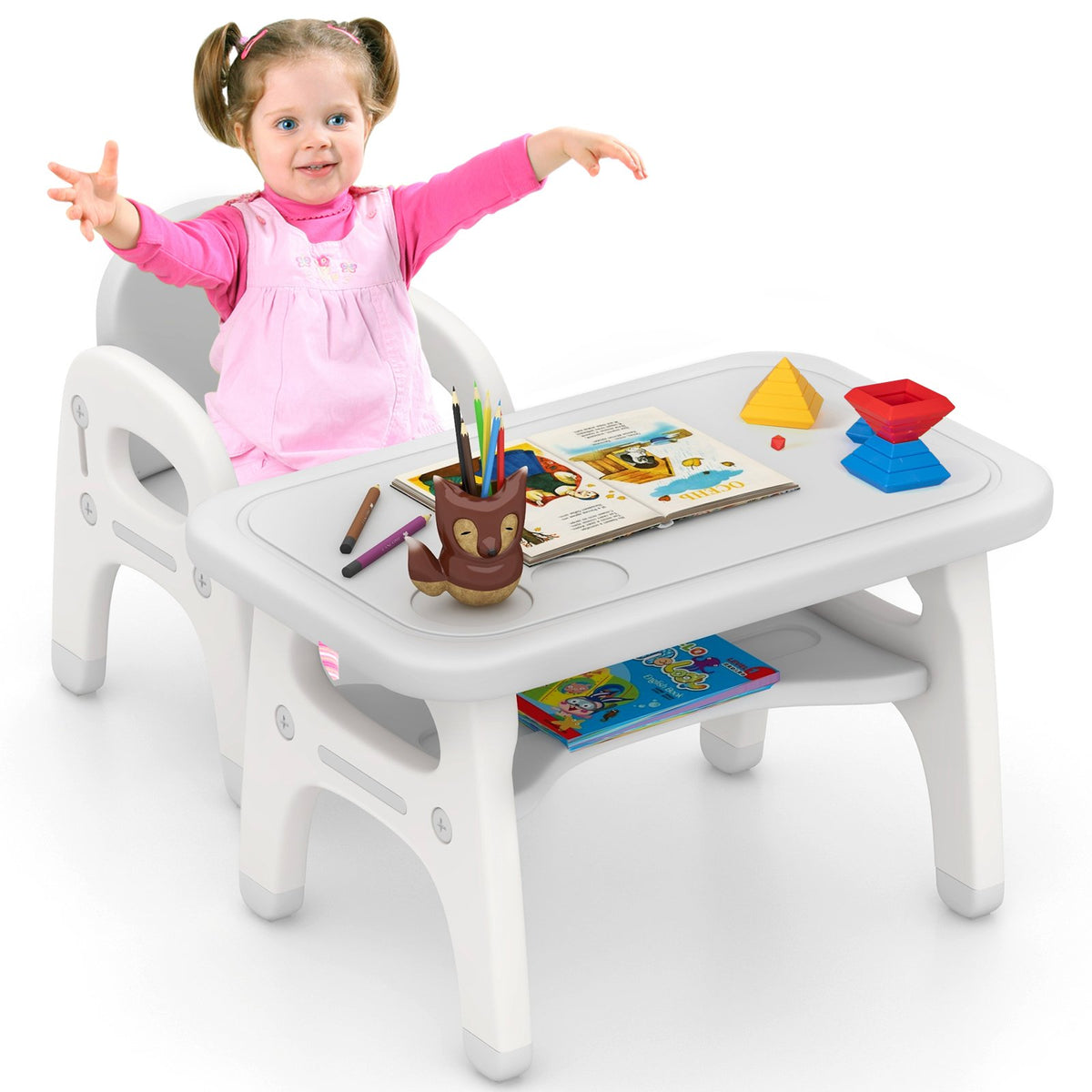 Kids Activity Table and Chair Set with Montessori Toys for Preschool and Kindergarten-Gray view 4