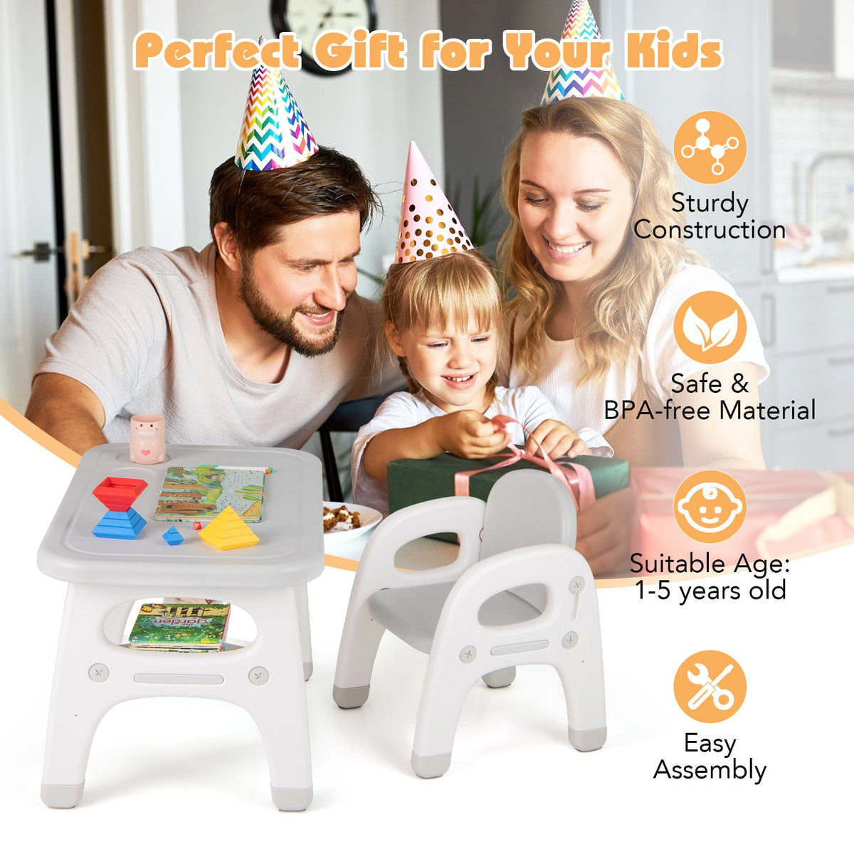 Kids Activity Table and Chair Set with Montessori Toys for Preschool and Kindergarten-Gray view 6