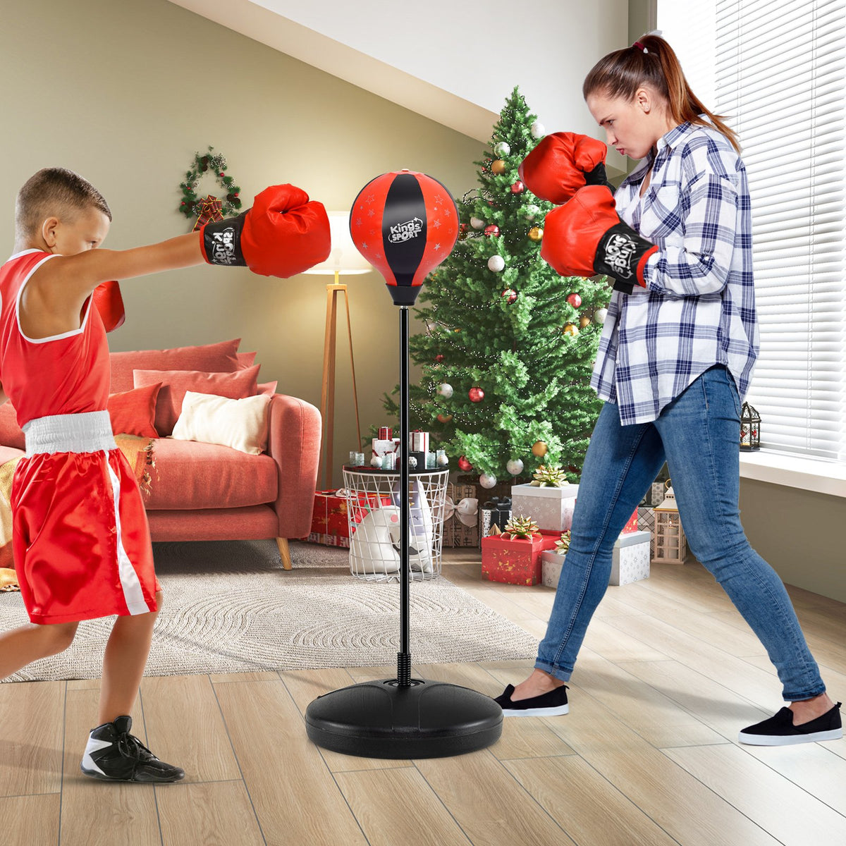 Kids Adjustable Stand Punching Bag Toy Set with Boxing Glove-Black & Red view 2
