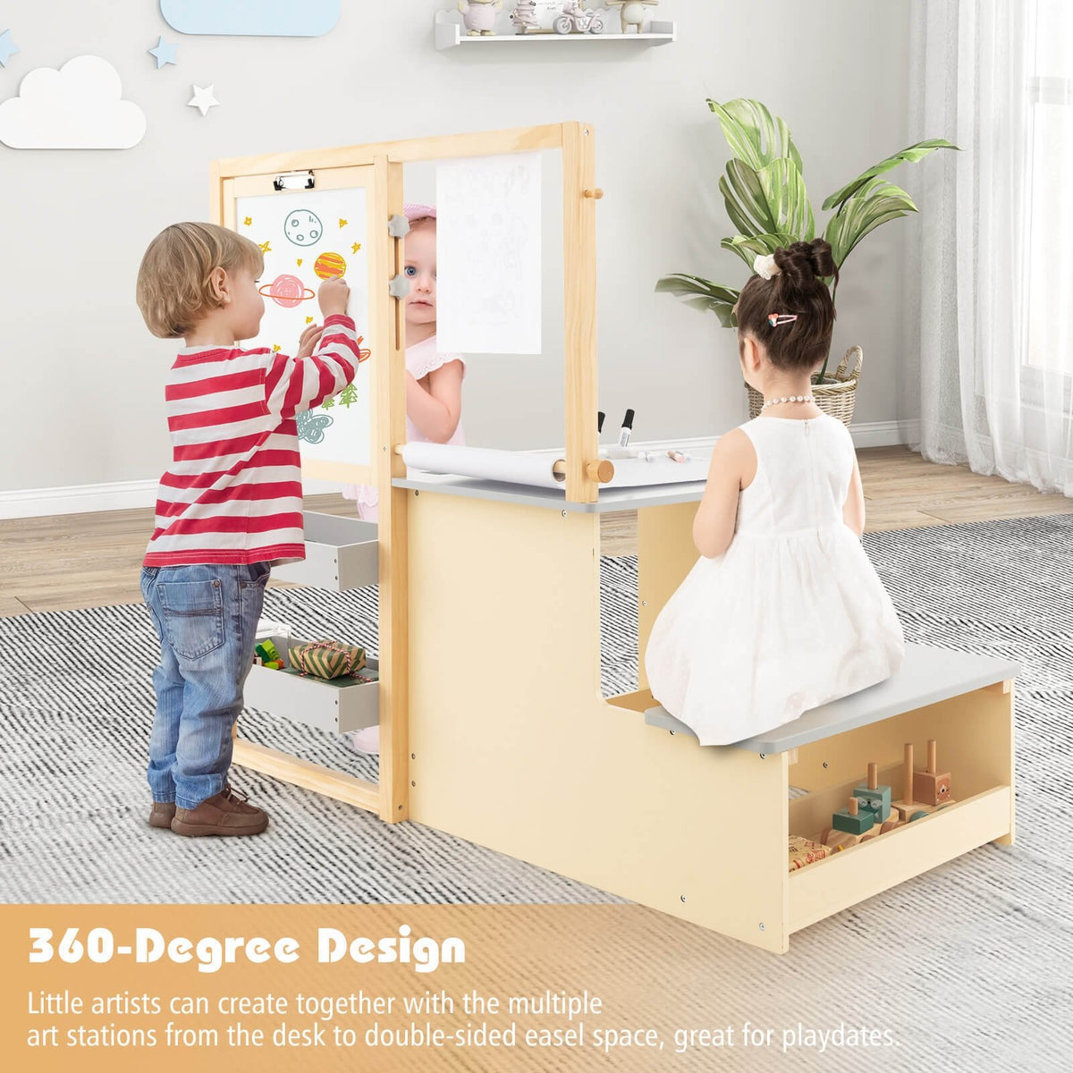 Kids Art Center Wooden Table Bench Set-Gray view 5