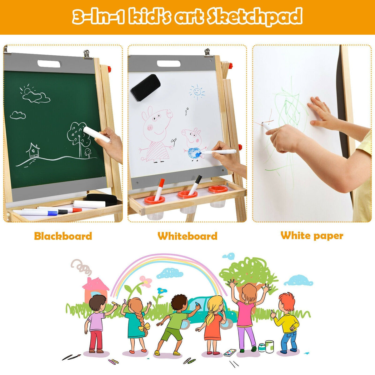 Kids Art Easel with Paper Roll Double Sided Chalkboard and Whiteboard-Gray view 7