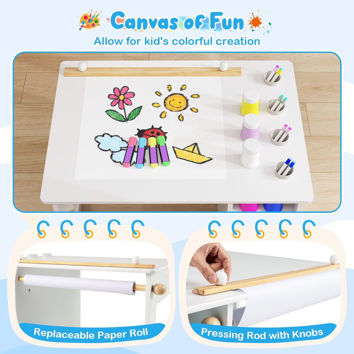 Kids Art Table and Chair Set Toddler Craft Drawing Desk-White view 8