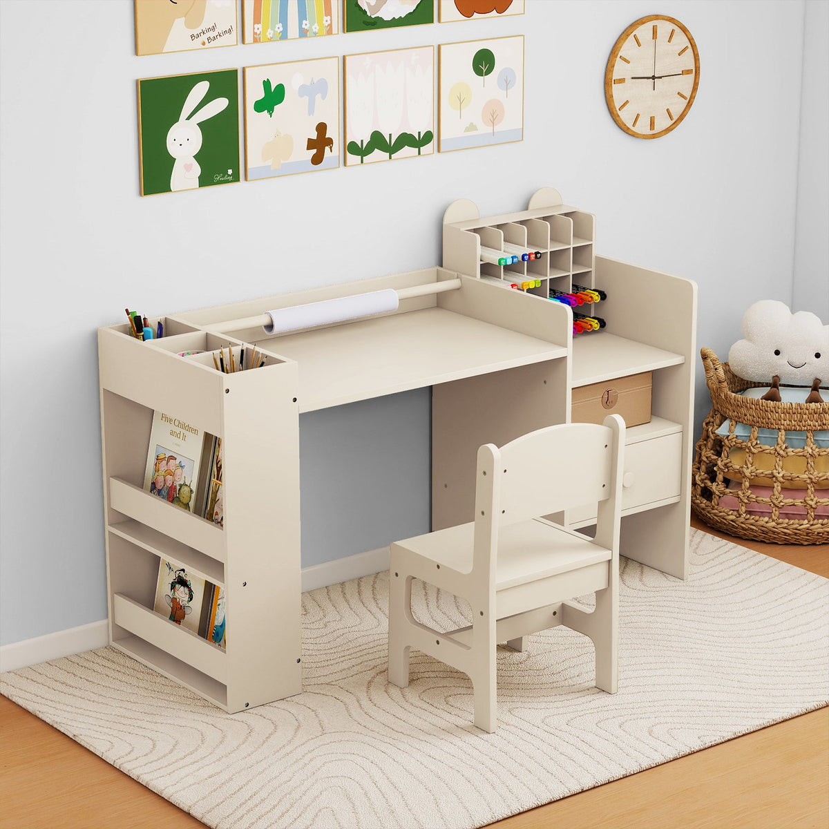 Kids Art Table and Chair Set with Detachable Paper Roll Holder and Cabinet-Natural view 2
