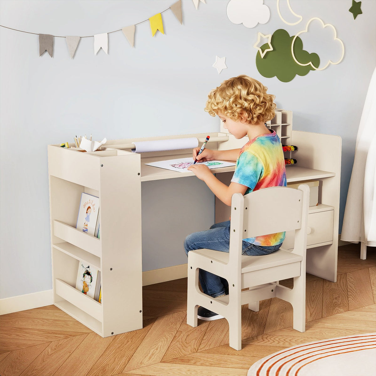 Kids Art Table and Chair Set with Detachable Paper Roll Holder and Cabinet-Natural view 3