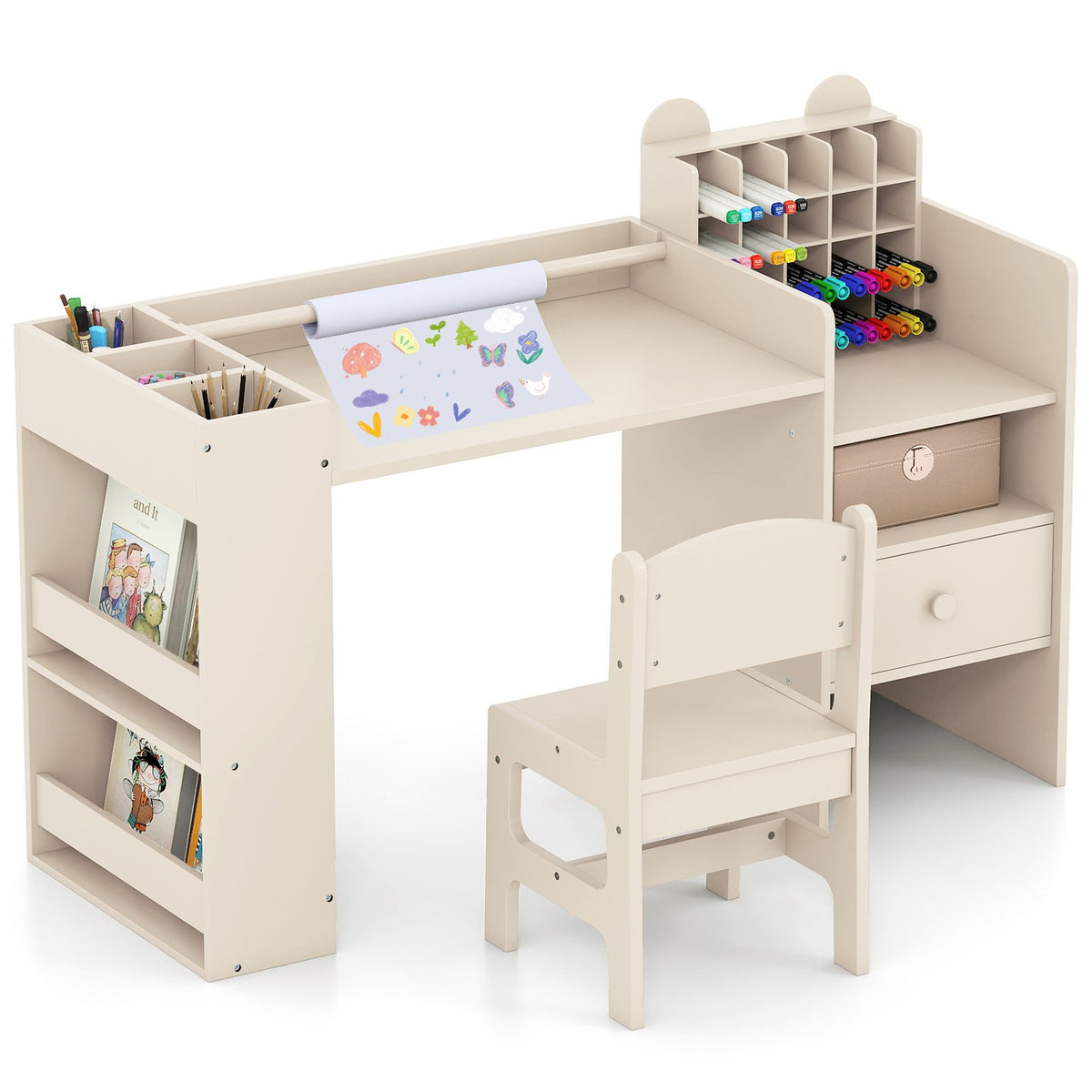 Kids Art Table and Chair Set with Detachable Paper Roll Holder and Cabinet-Natural view 4