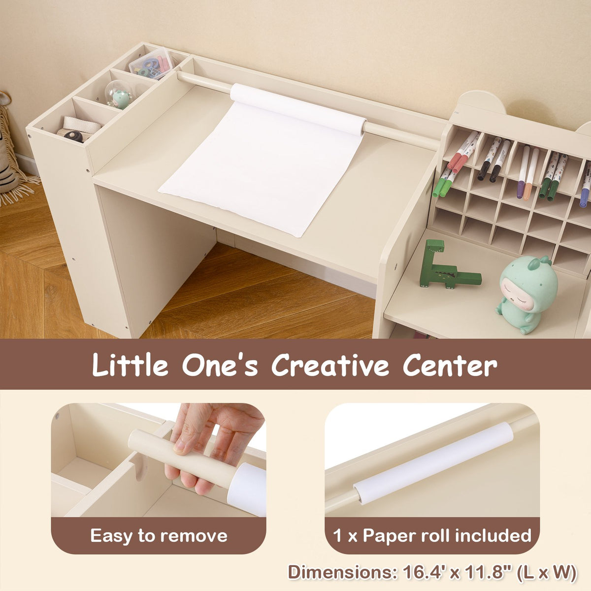 Kids Art Table and Chair Set with Detachable Paper Roll Holder and Cabinet-Natural view 6