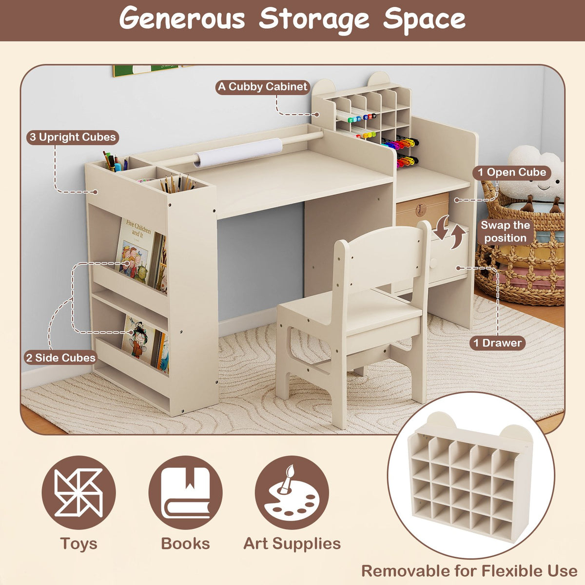 Kids Art Table and Chair Set with Detachable Paper Roll Holder and Cabinet-Natural view 7