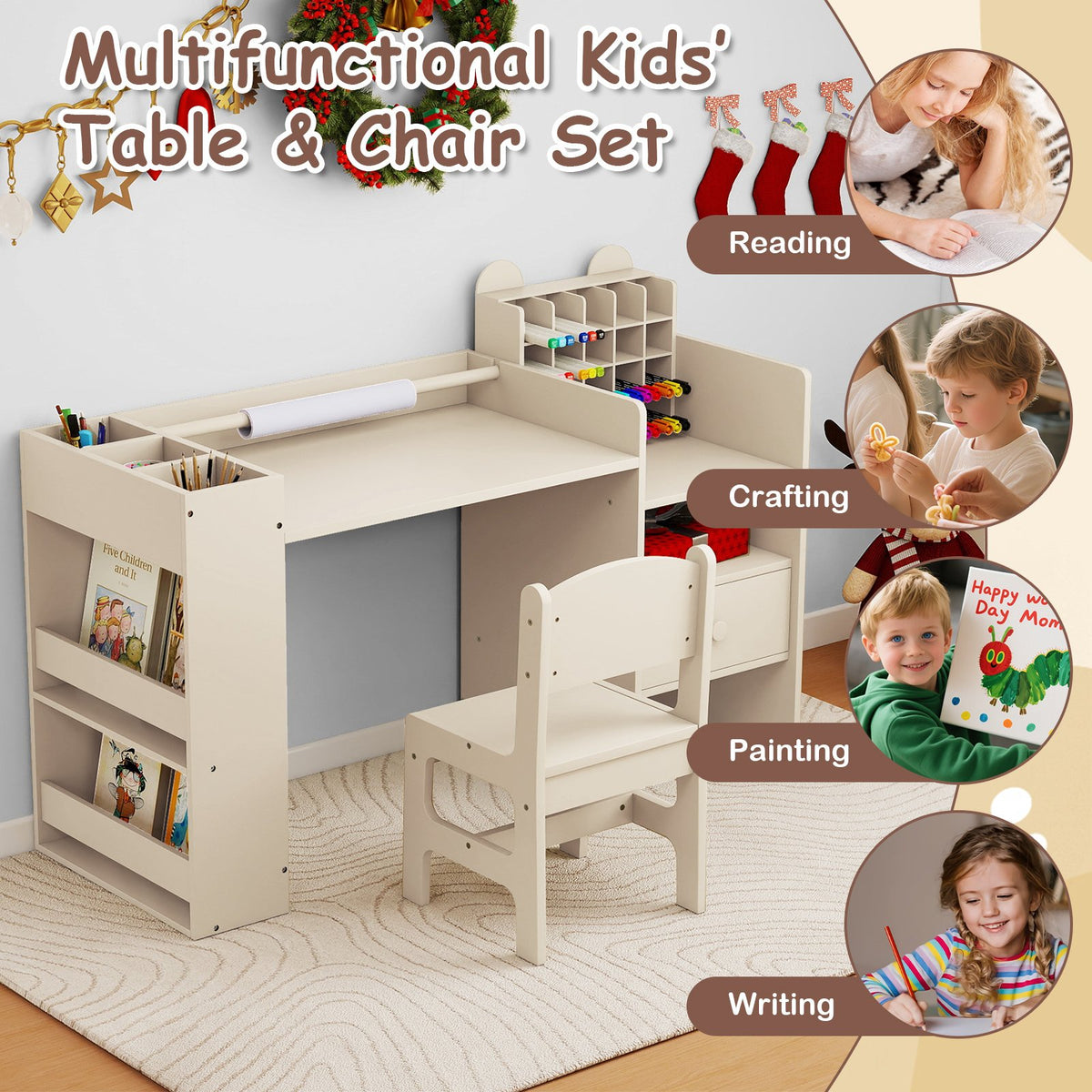 Kids Art Table and Chair Set with Detachable Paper Roll Holder and Cabinet-Natural view 9