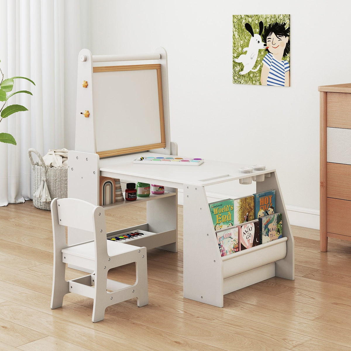 Kids Art Table and Chair Set with Easel and Chair for Drawing Reading-Grey view 2