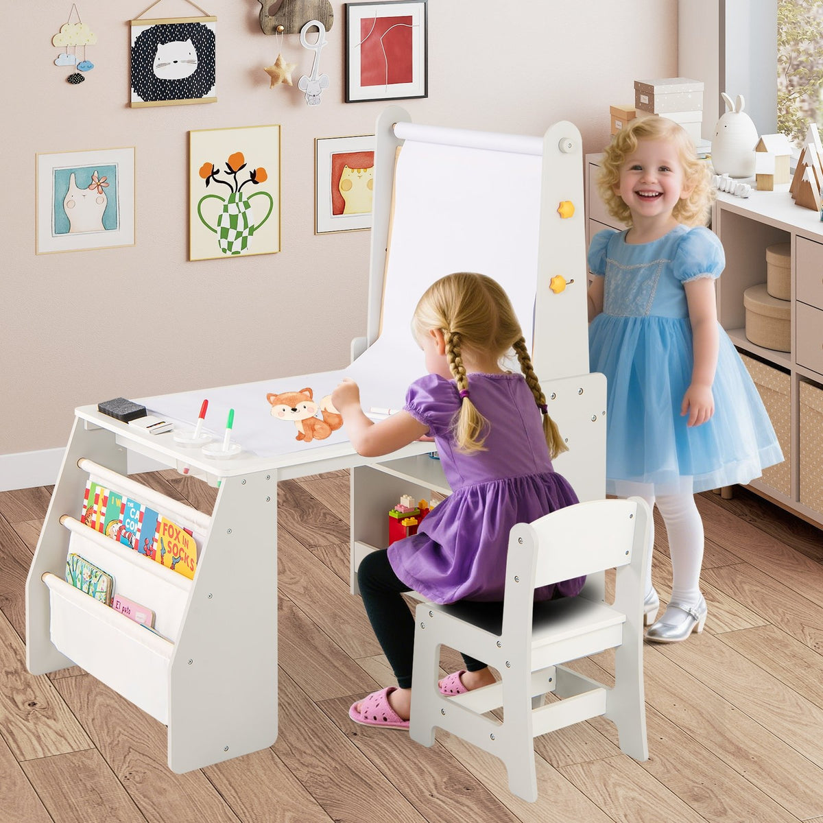 Kids Art Table and Chair Set with Easel and Chair for Drawing Reading-Grey view 6