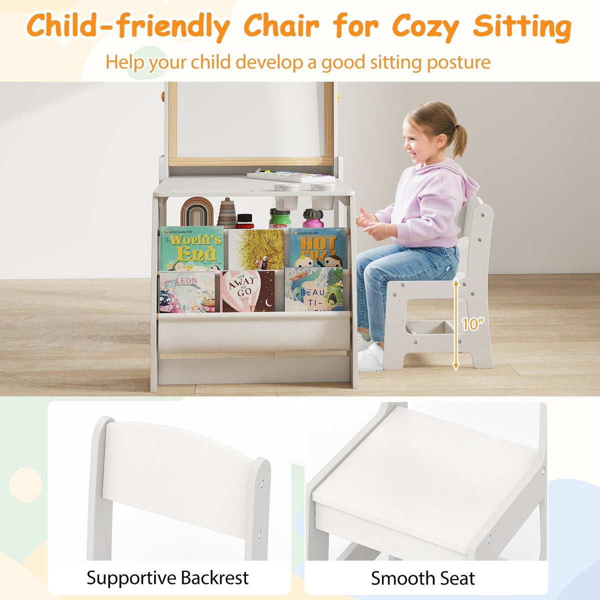 Kids Art Table and Chair Set with Easel and Chair for Drawing Reading-Grey view 8