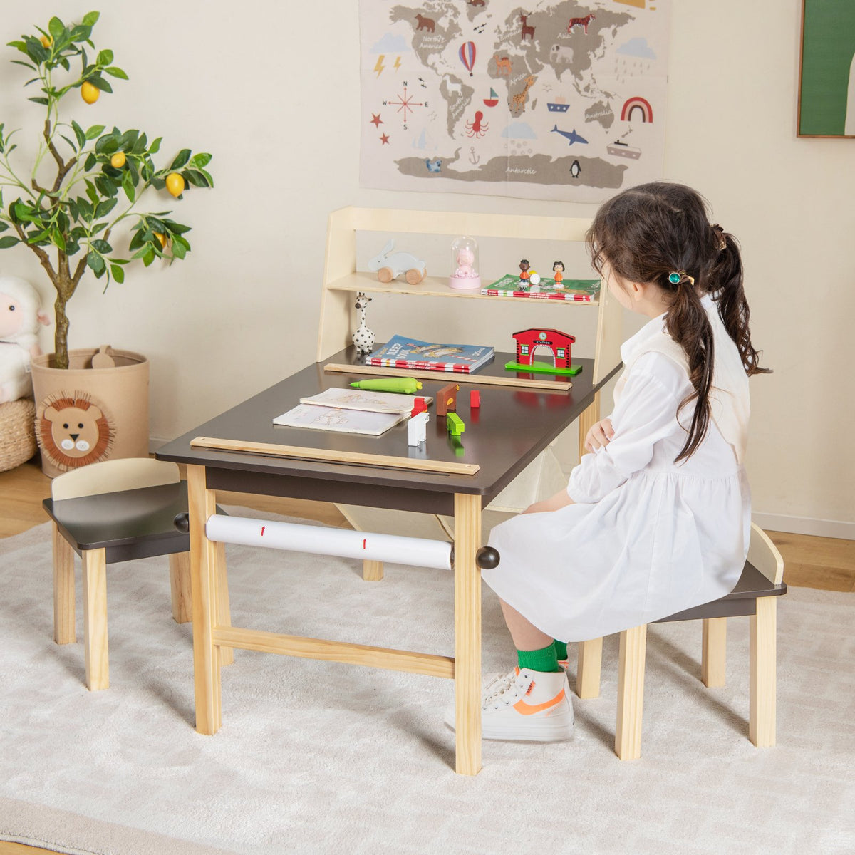 Kids Art Table and Chairs Set with Paper Roll and Storage Bins-Coffee view 3