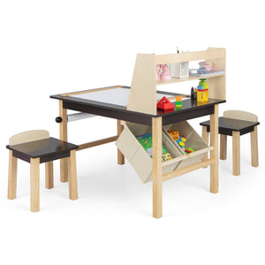 Kids Art Table and Chairs Set with Paper Roll and Storage Bins-Coffee view 4