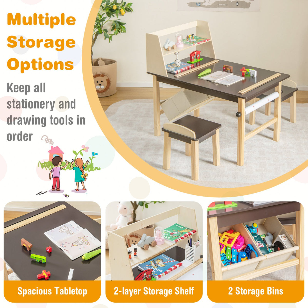 Kids Art Table and Chairs Set with Paper Roll and Storage Bins-Coffee view 7