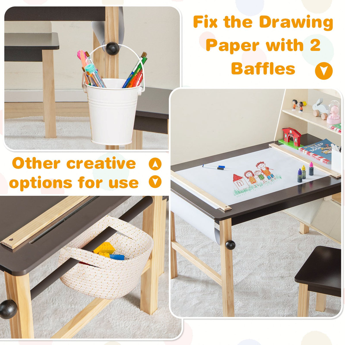 Kids Art Table and Chairs Set with Paper Roll and Storage Bins-Coffee view 8
