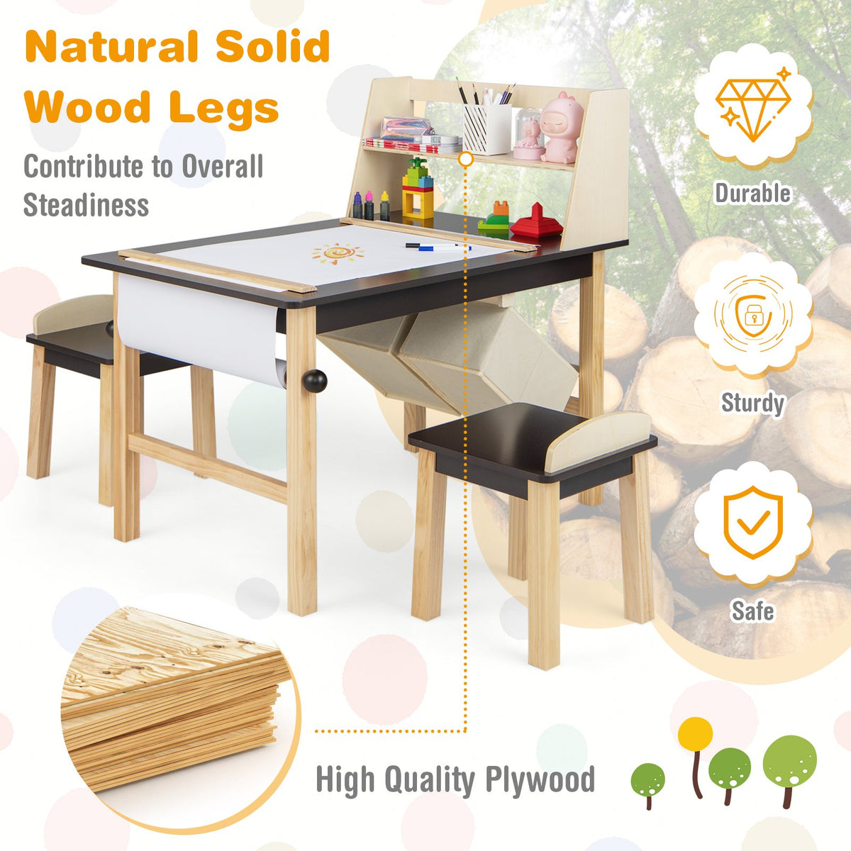 Kids Art Table and Chairs Set with Paper Roll and Storage Bins-Coffee view 9