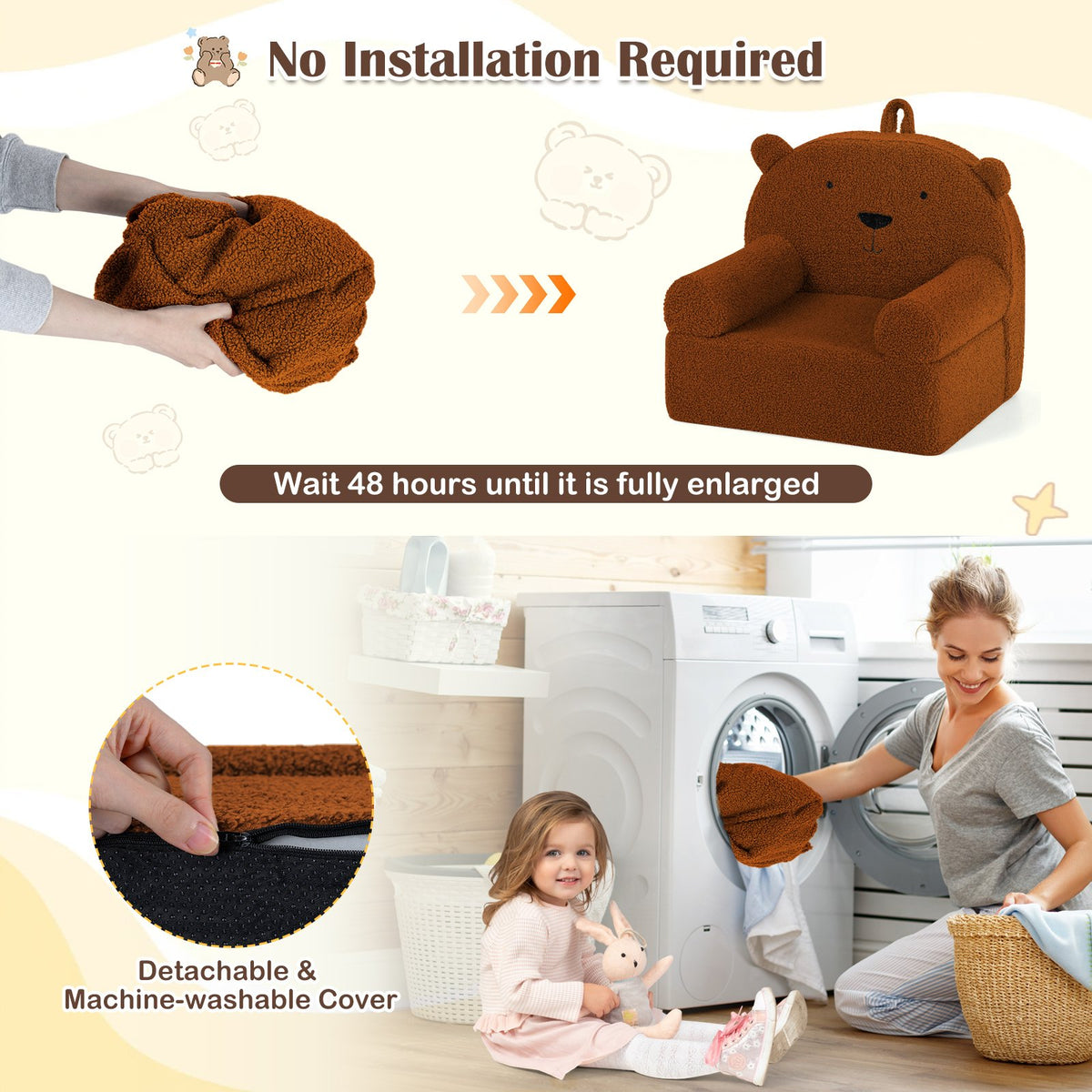 Kids Bear Sofa Toddler Foam Couch with Soft Fleece Fabric Cover-Brown view 8