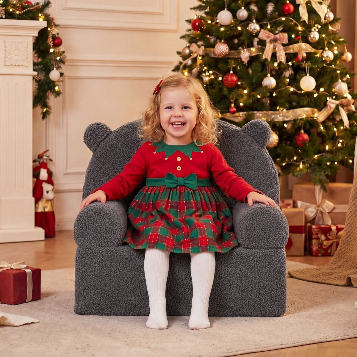 Kids Bear Sofa Toddler Foam Couch with Soft Fleece Fabric Cover-Gray view 2