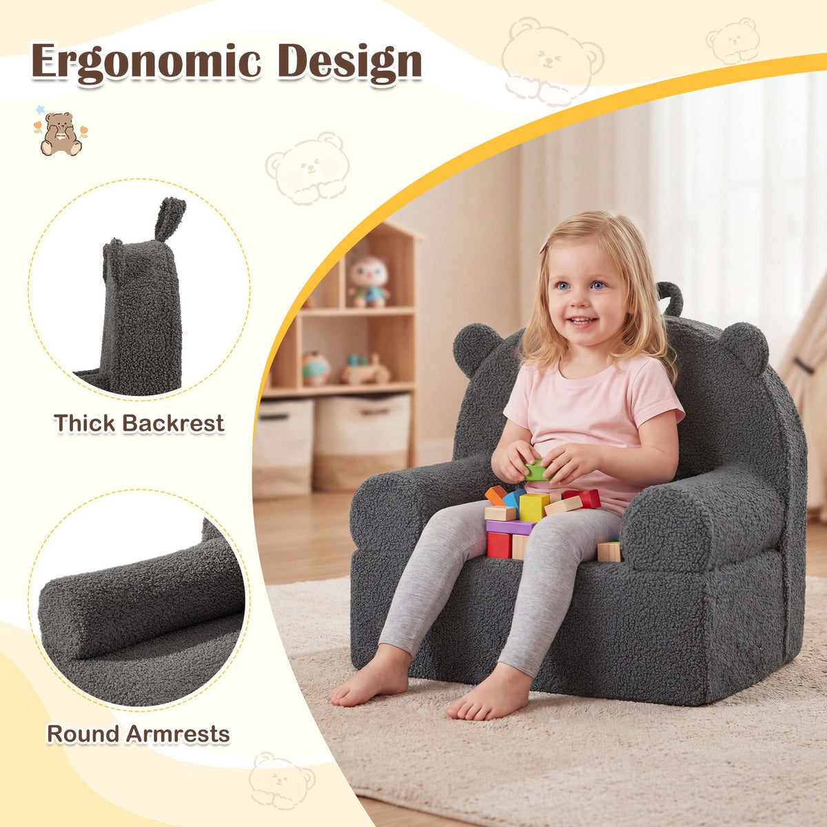Kids Bear Sofa Toddler Foam Couch with Soft Fleece Fabric Cover-Gray view 6