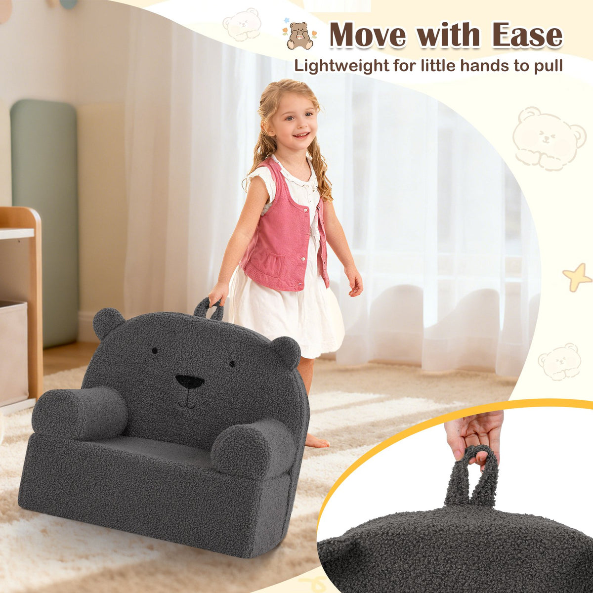 Kids Bear Sofa Toddler Foam Couch with Soft Fleece Fabric Cover-Gray view 7