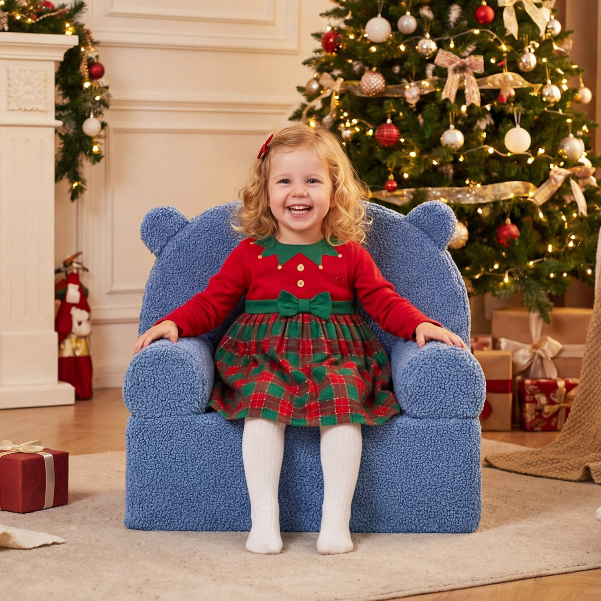 Kids Bear Sofa Toddler Foam Couch with Soft Fleece Fabric Cover-Navy view 2