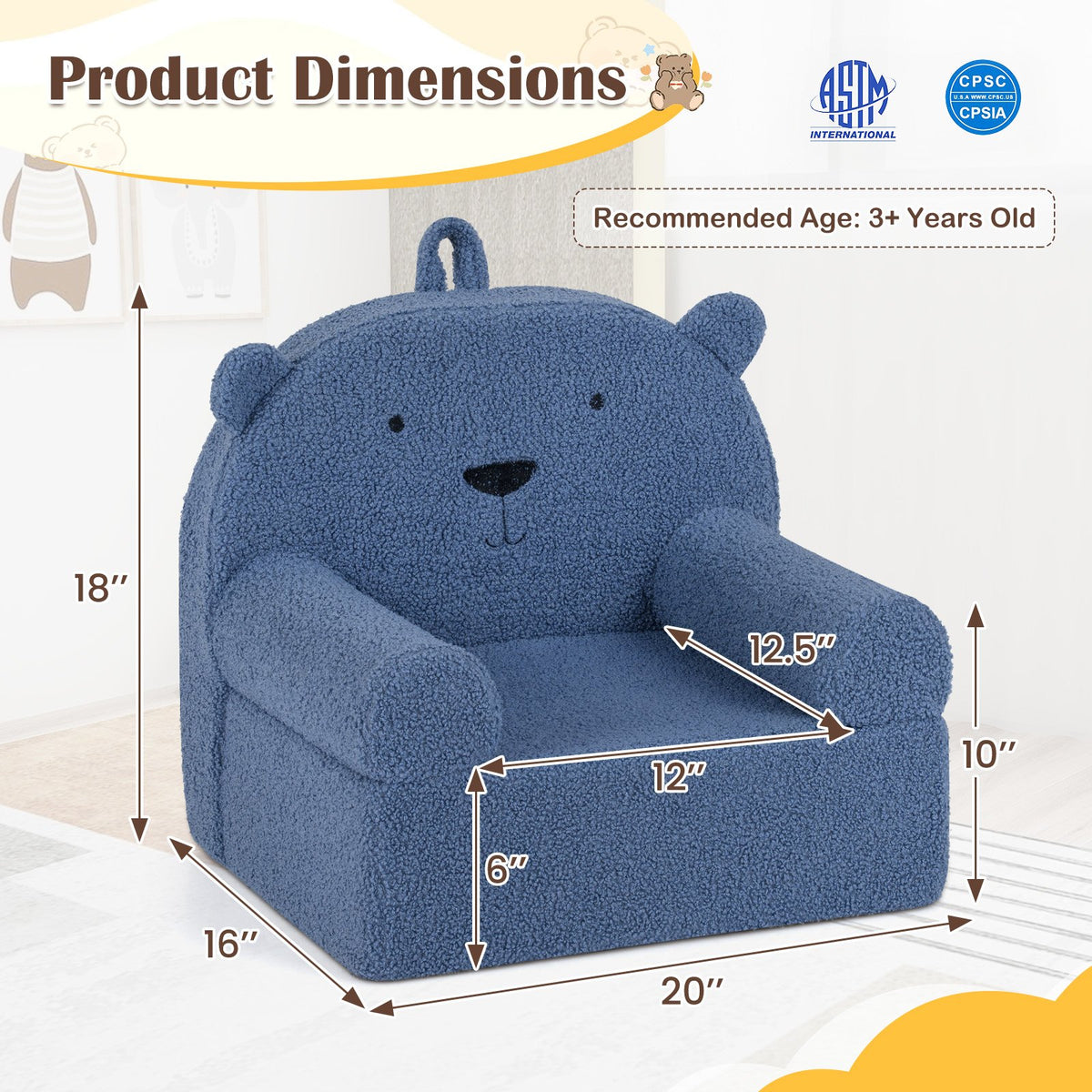 Kids Bear Sofa Toddler Foam Couch with Soft Fleece Fabric Cover-Navy view 4