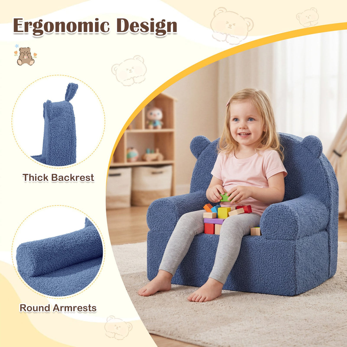 Kids Bear Sofa Toddler Foam Couch with Soft Fleece Fabric Cover-Navy view 6