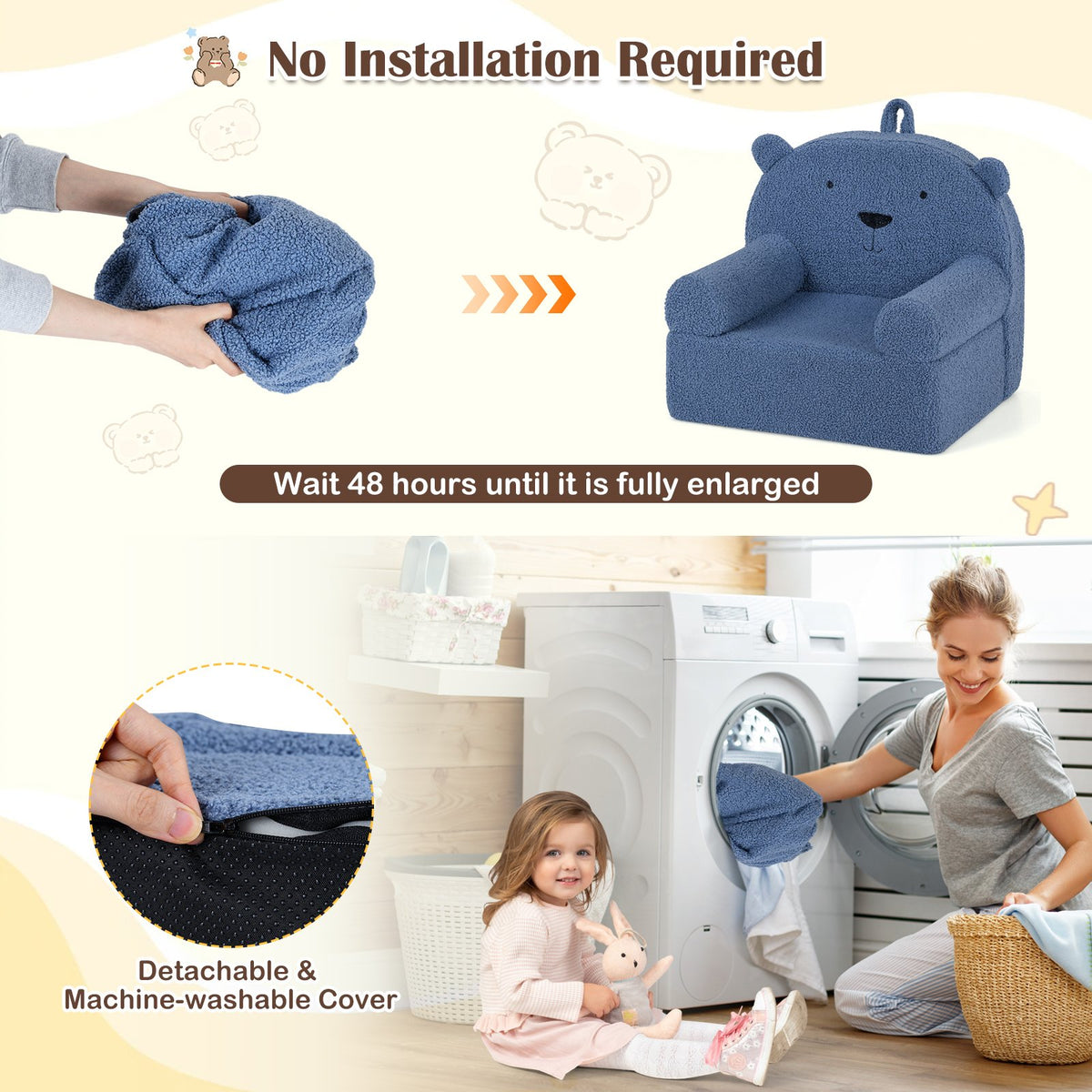 Kids Bear Sofa Toddler Foam Couch with Soft Fleece Fabric Cover-Navy view 8