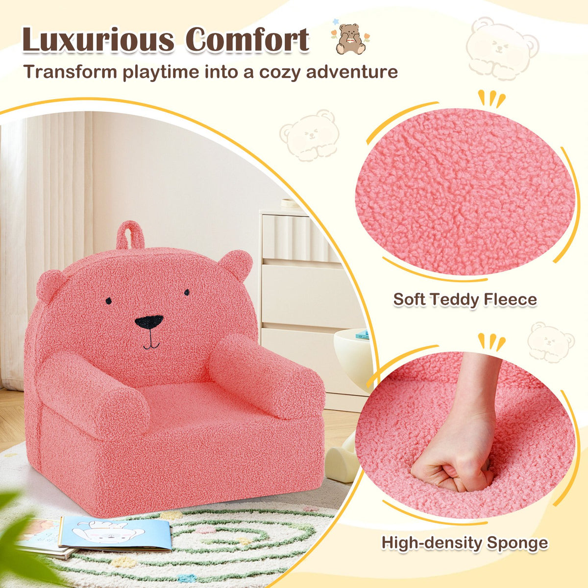 Kids Bear Sofa Toddler Foam Couch with Soft Fleece Fabric Cover-Pink view 5