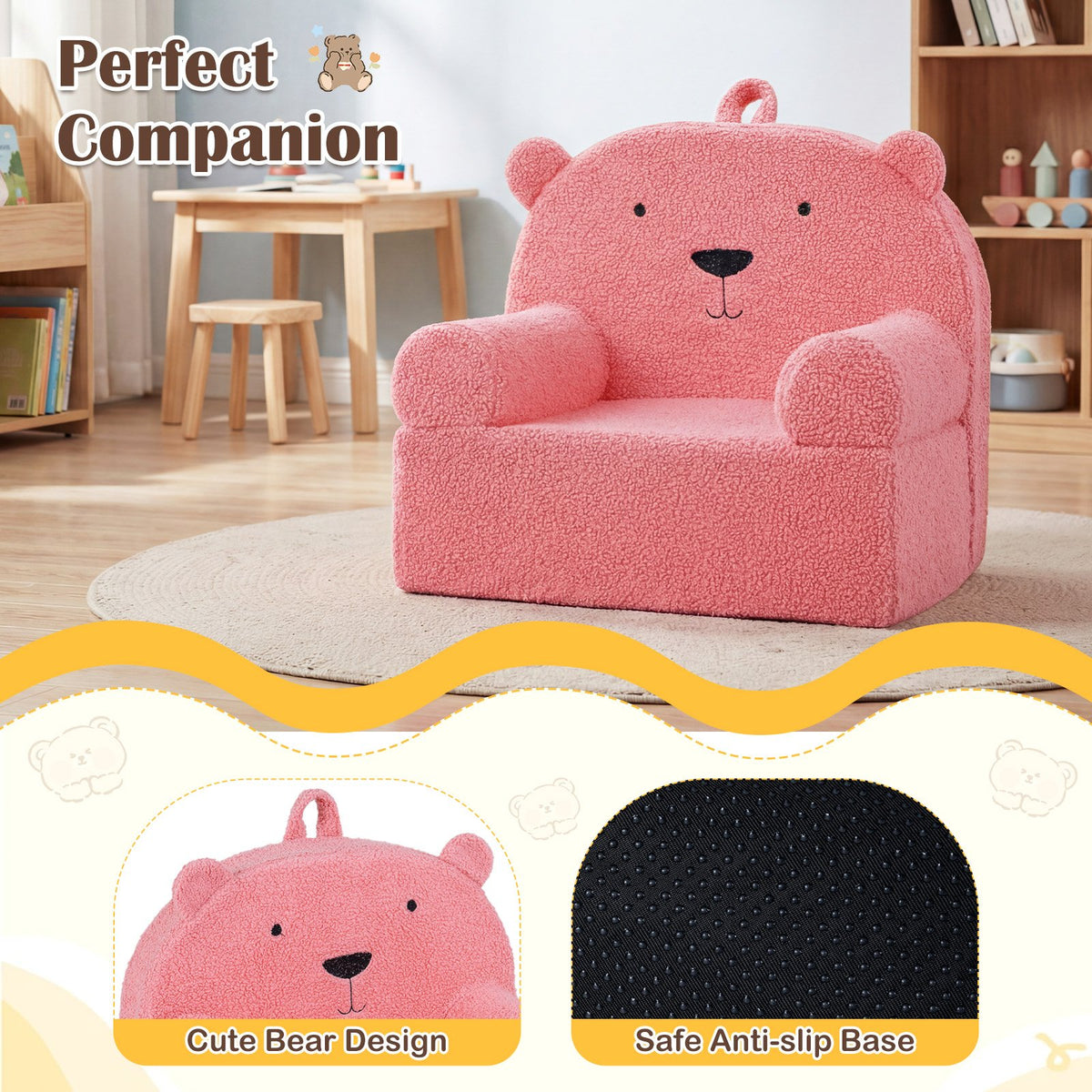 Kids Bear Sofa Toddler Foam Couch with Soft Fleece Fabric Cover-Pink view 9