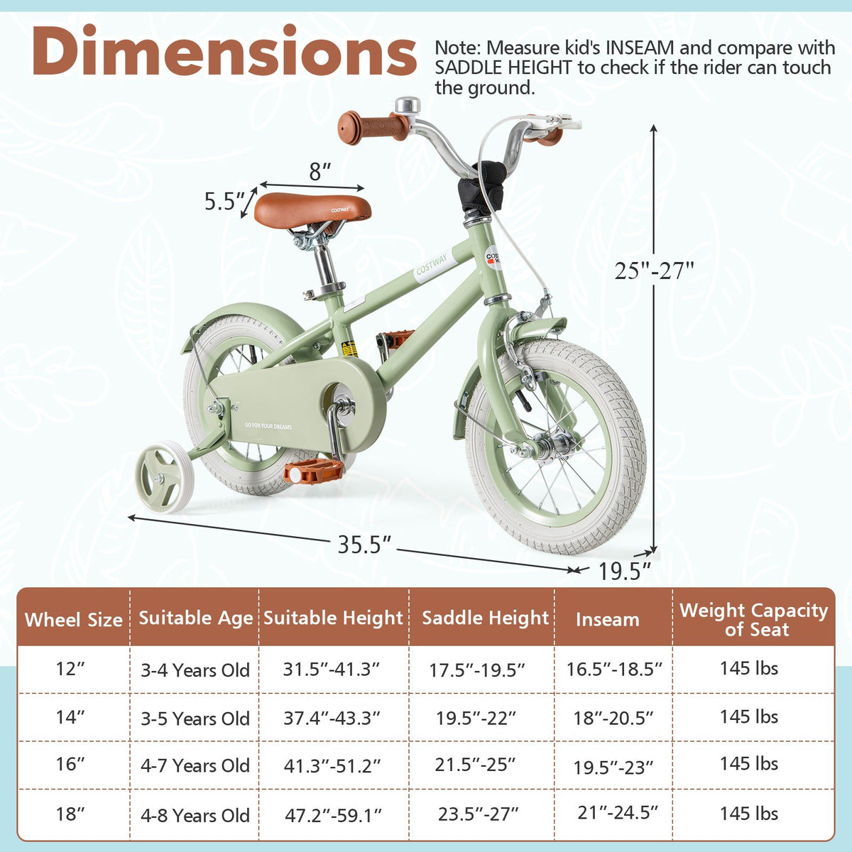 Kids Bike with Adjustable Handlebar and Saddle Green-12 Inches view 4