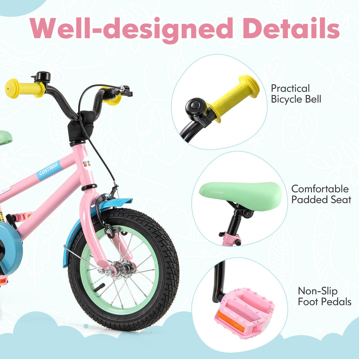 Kids Bike with Adjustable Handlebar and Saddle Pink-12 Inches view 9