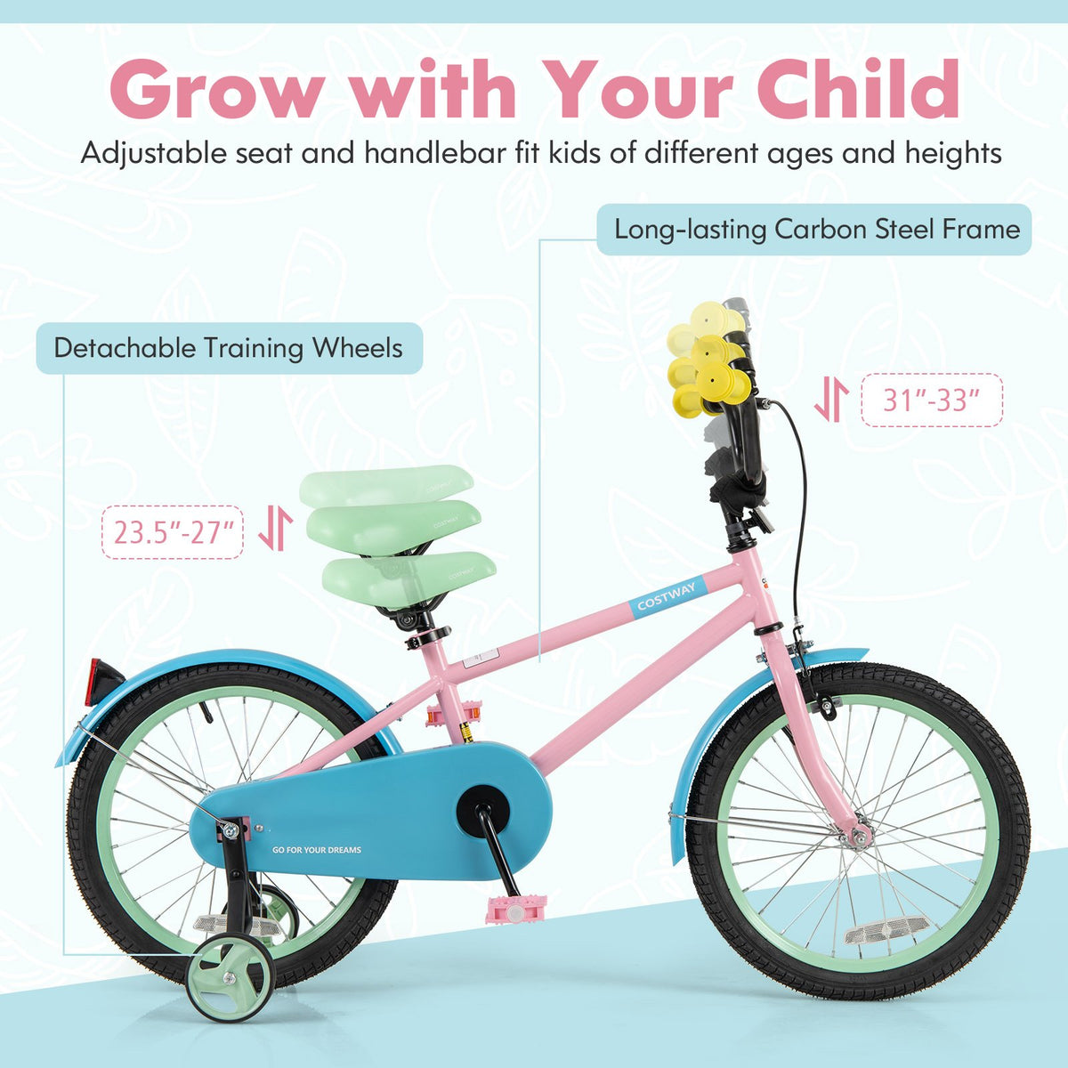 Kids Bike with Adjustable Handlebar and Saddle Pink-18 Inches view 6