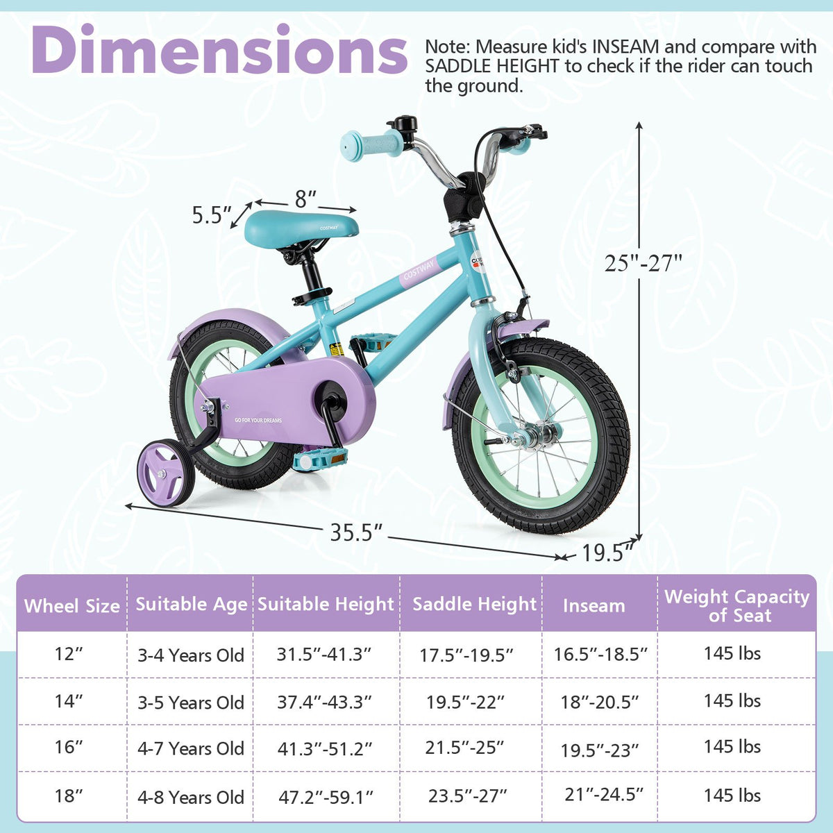 Kids Bike with Adjustable Handlebar and Saddle Purple-12 Inches view 4