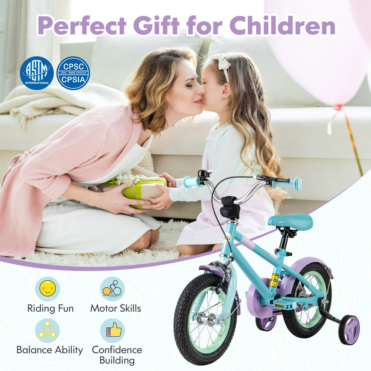 Kids Bike with Adjustable Handlebar and Saddle Purple-12 Inches view 5