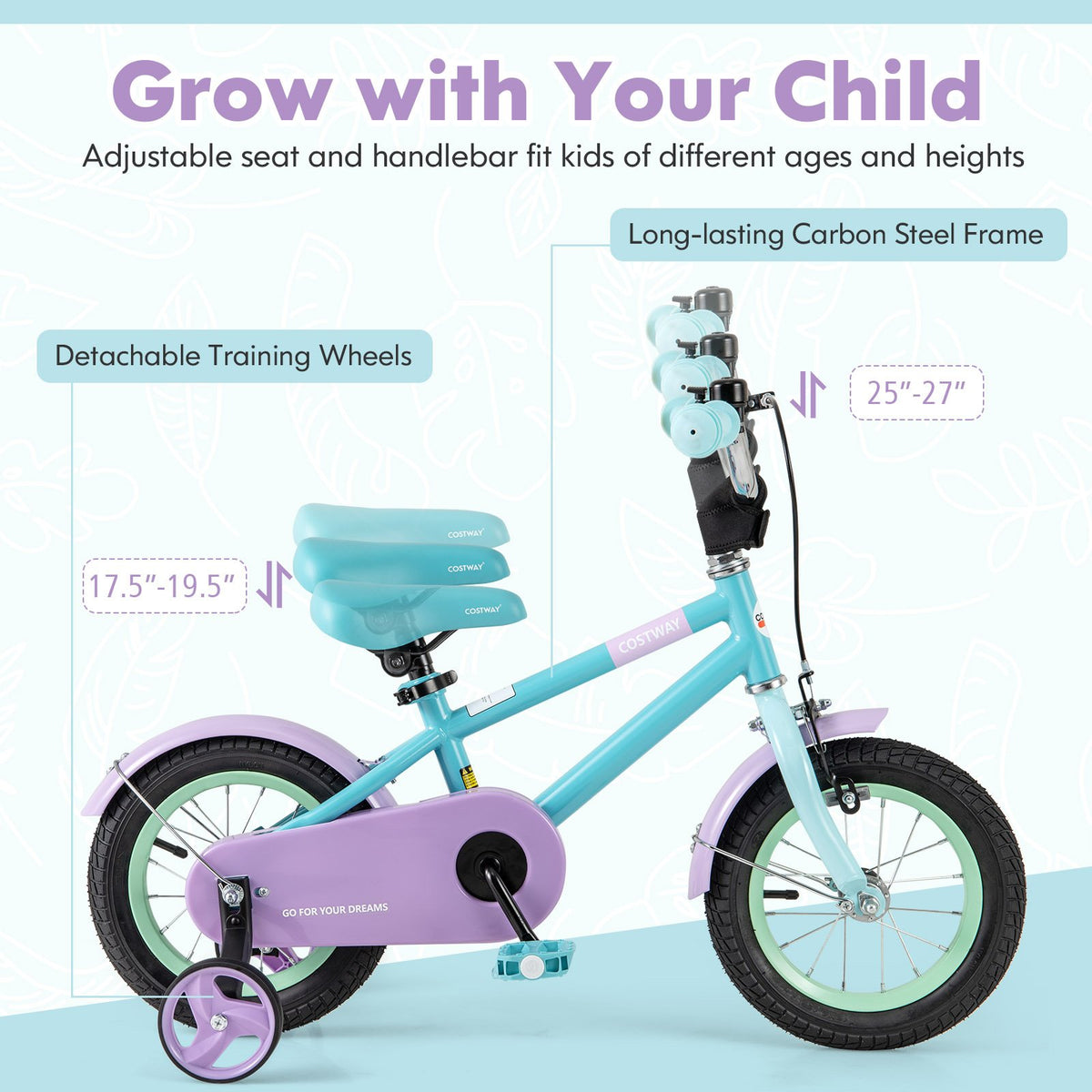 Kids Bike with Adjustable Handlebar and Saddle Purple-12 Inches view 6
