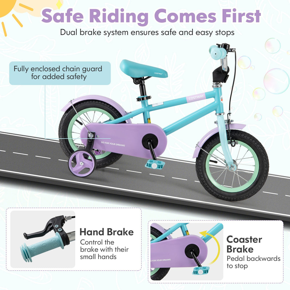 Kids Bike with Adjustable Handlebar and Saddle Purple-12 Inches view 8