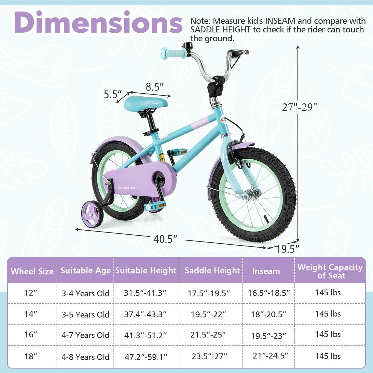 Kids Bike with Adjustable Handlebar and Saddle Purple-14 Inches view 4