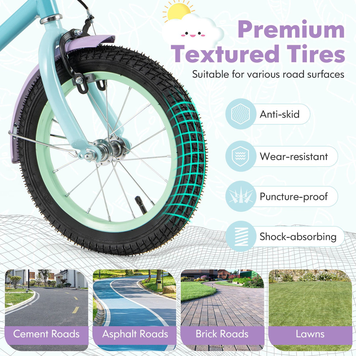 Kids Bike with Adjustable Handlebar and Saddle Purple-14 Inches view 7